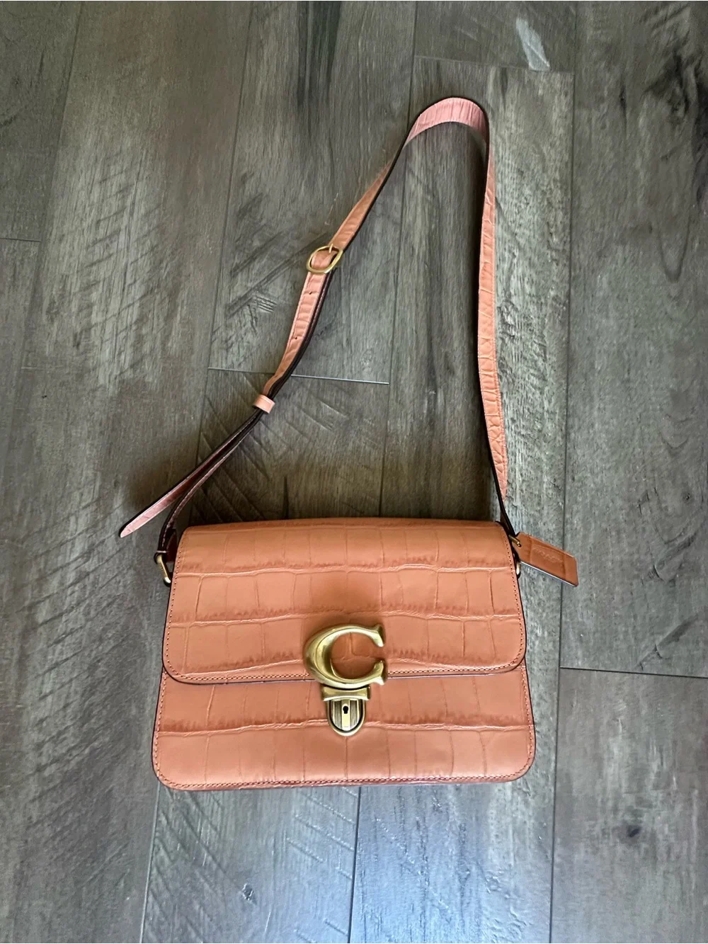 Coach Pink Croc-Embossed Crossbody Bag with Gold Hardware